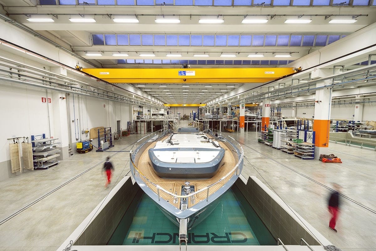 Cranchi yacht in the production facility. Authorized distributor Starship Yachts.