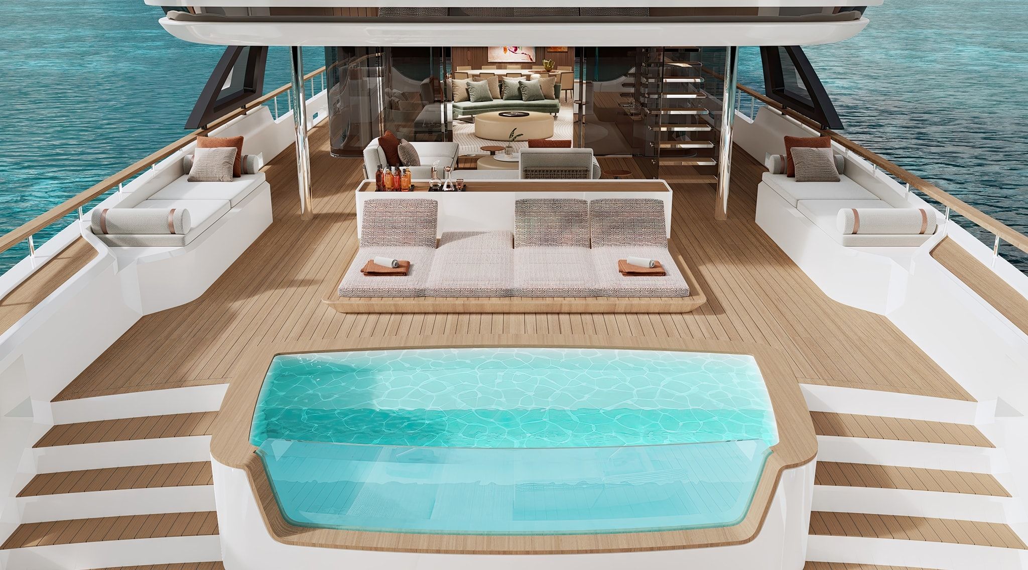 Custom Line 50 yacht deck featuring luxurious pool, spacious lounge area, and comfortable seating