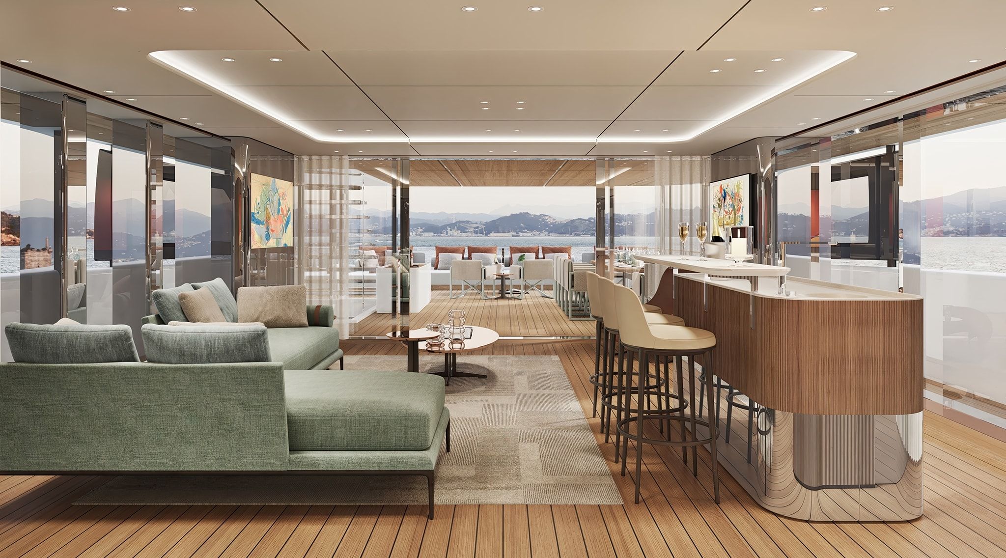 Master bedroom on Ferretti Yachts 500 with interior by MyArtYachts and Jim Thompson silk