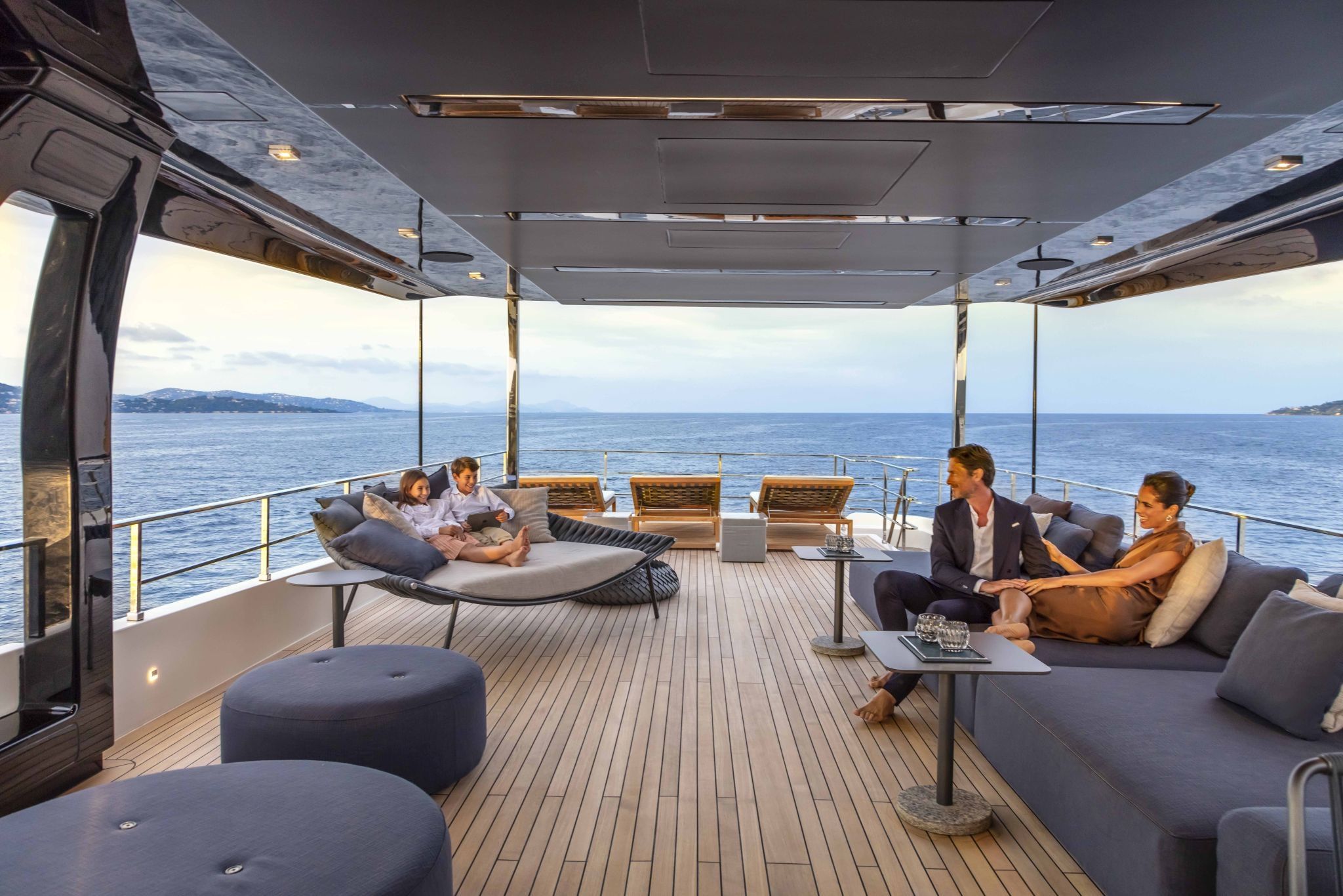 Custom Line Navetta 42 interior space designed for multigenerational family use.