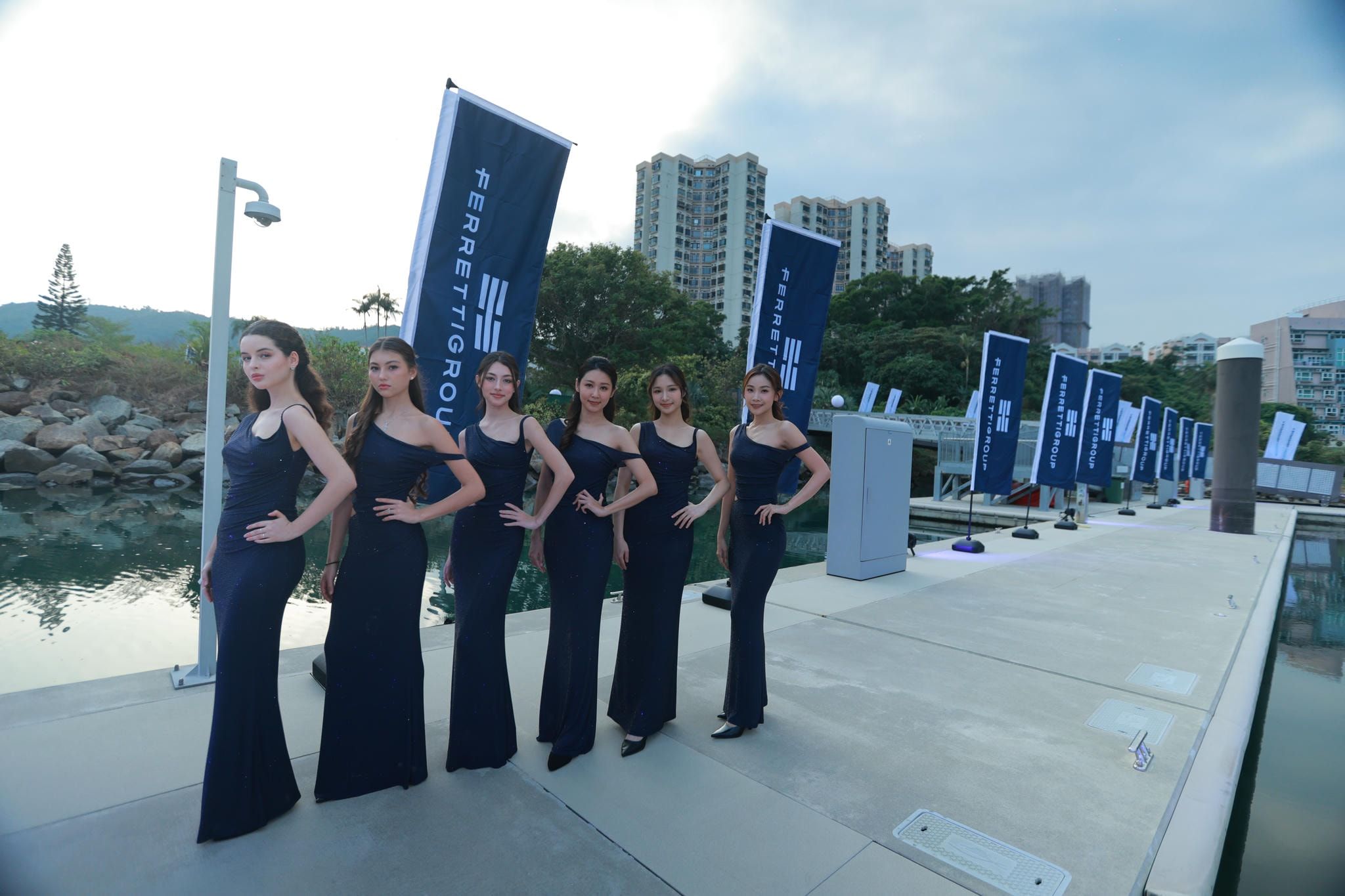 Riva 110 anchored at dusk with sunset view