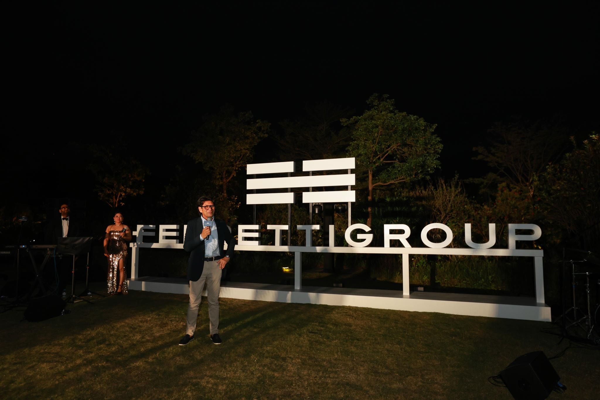 Riva 110 anchored at dusk with sunset view