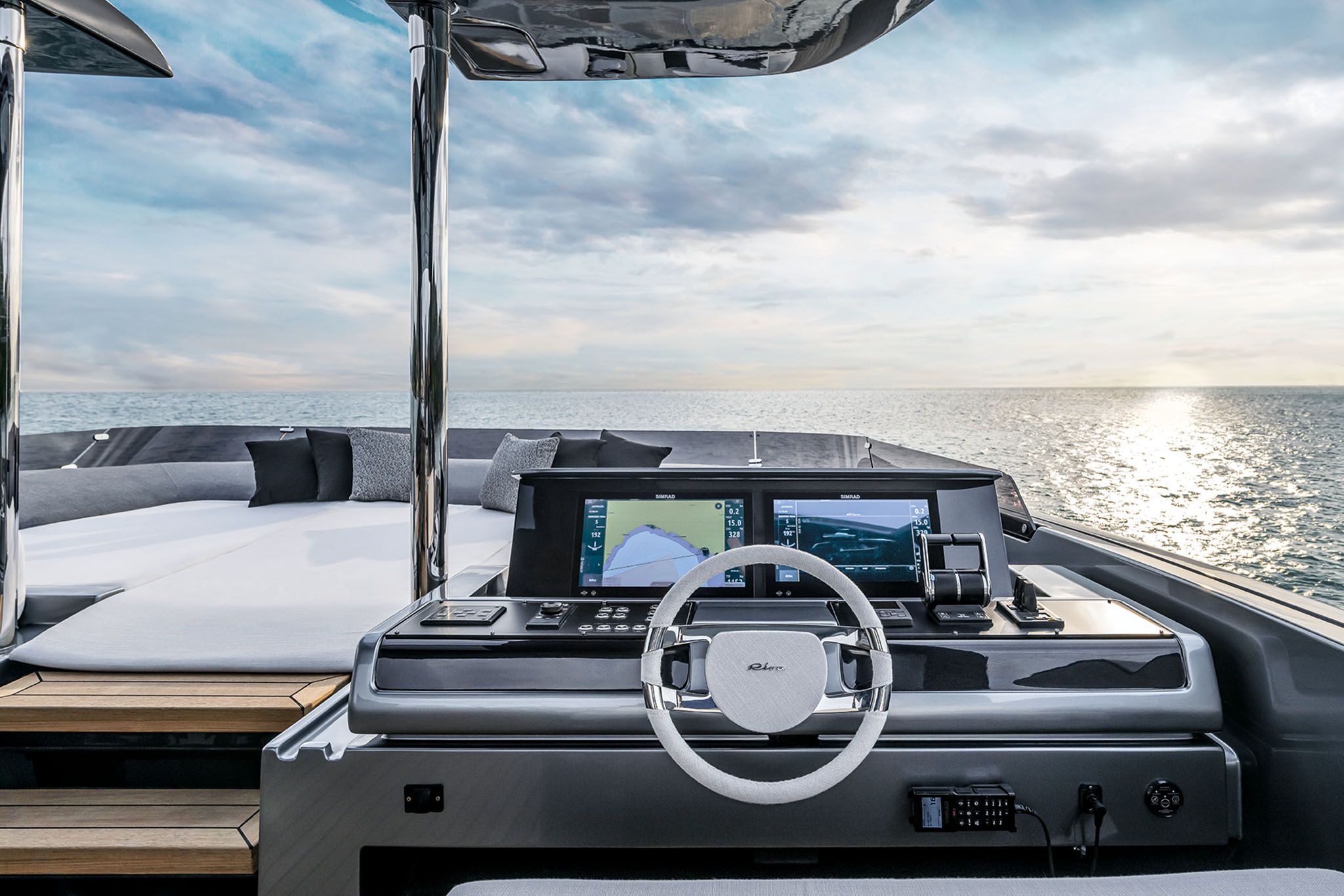 Close-up shot of Riva Diva 82 pilot station. 