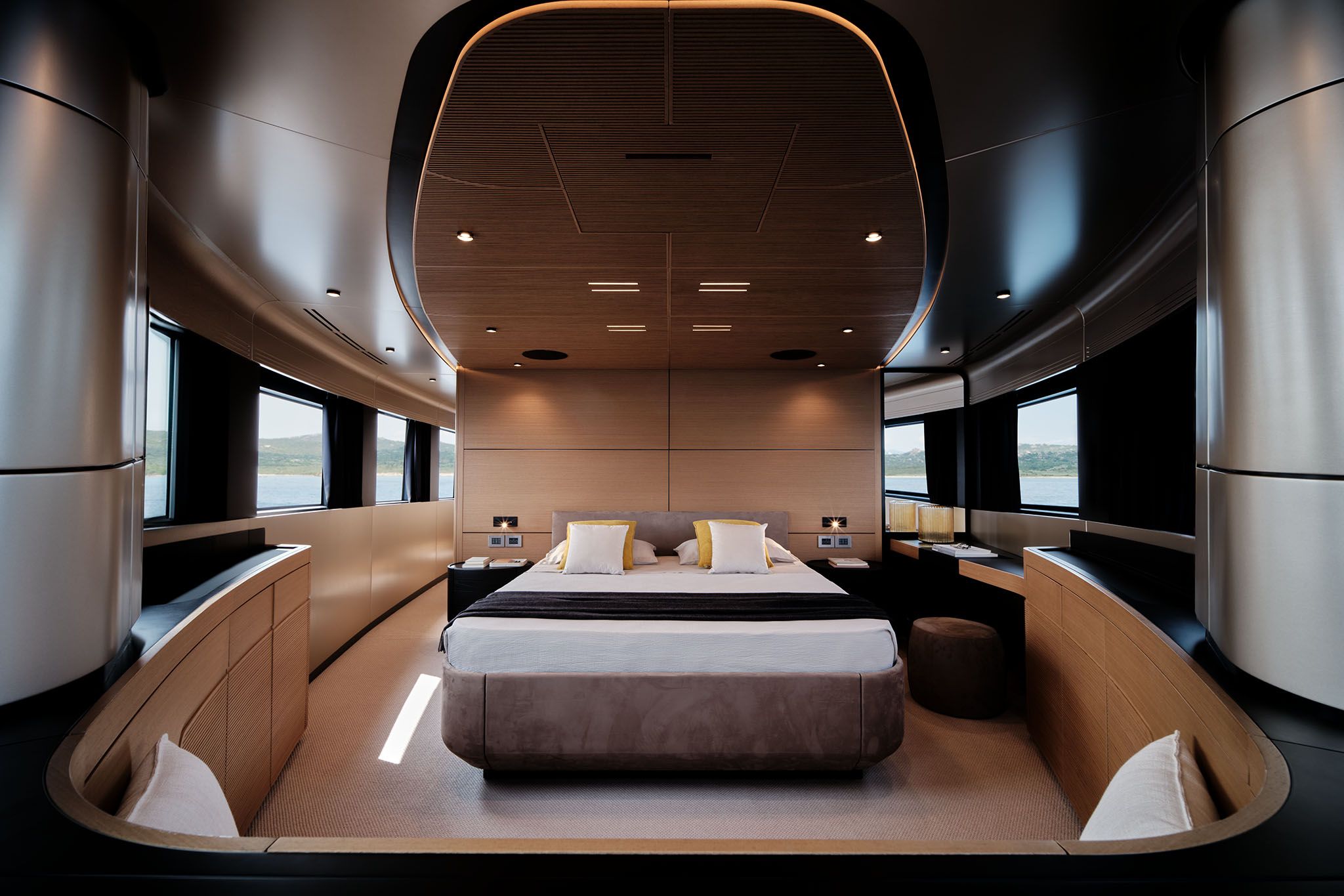 Wally yacht interior: Luxurious Wally 150 yacht bedroom with modern design, panoramic windows, and minimal aesthetics.