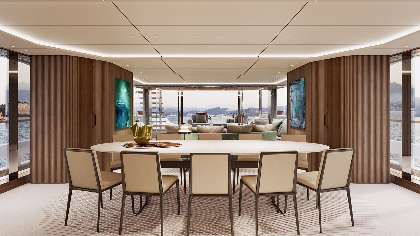 Guest room with twin beds and Jim Thompson accents on Ferretti Yachts 500