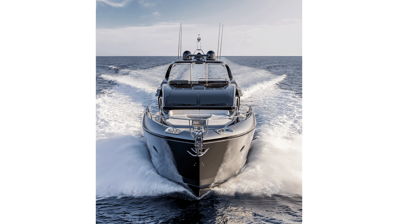The Riva Diva 82 yacht cruising at high speed, leaving a wake behind on open water.