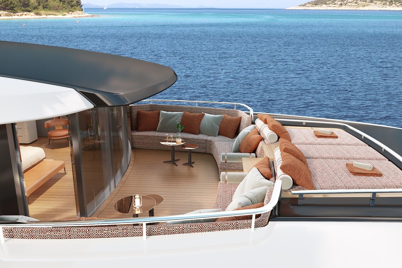 Custom Line 50 yacht upper deck lounge area with stylish seating, panoramic ocean view