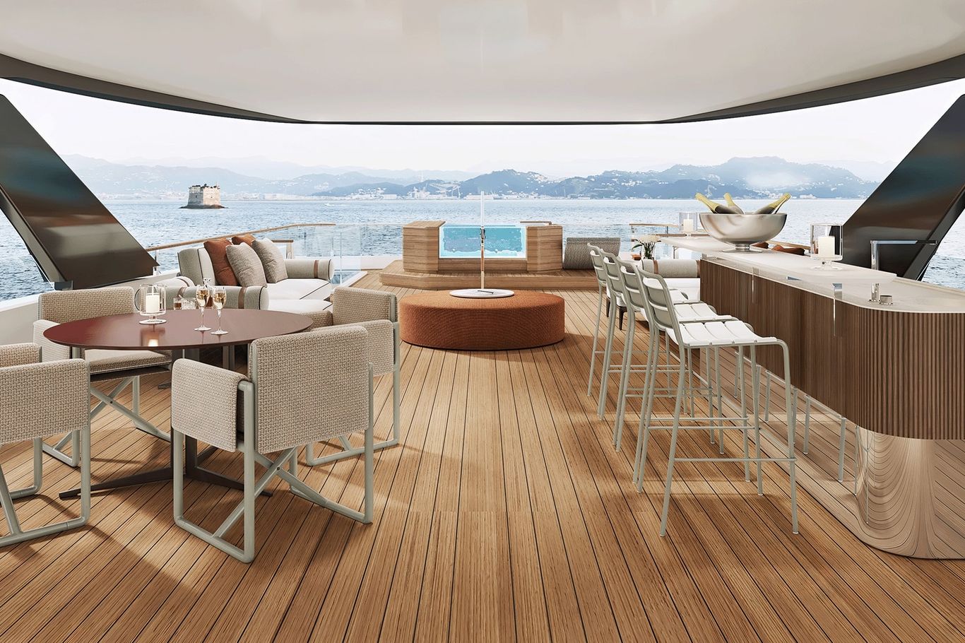 Custom Line 50 yacht deck featuring a bar, dining area, and stunning ocean views for a luxurious experience, by Starship Yachts.