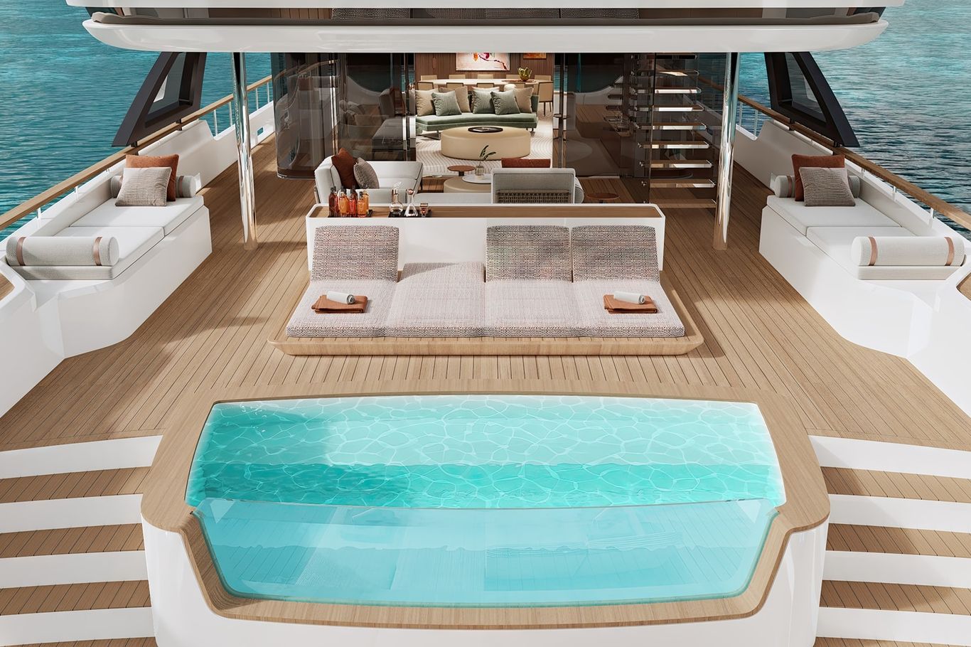 Custom Line 50 yacht deck featuring luxurious pool, spacious lounge area, and comfortable seating