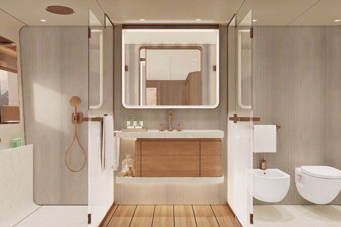 Custom Line 50 yacht bathroom with premium modern fittings, spacious design, and elegant wood finishes.