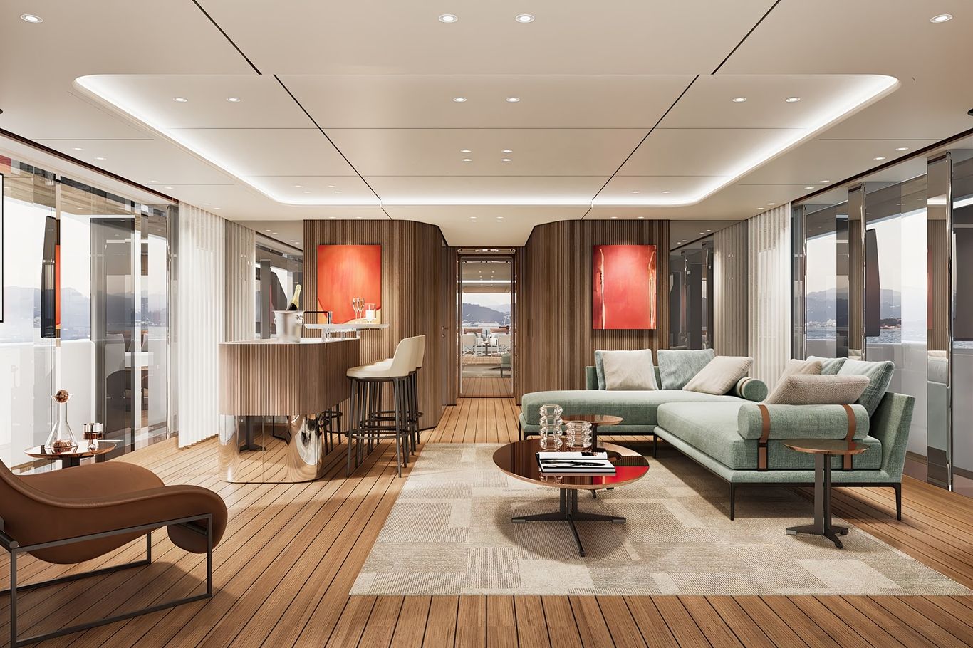 Custom Line 50 yacht interior lounge with modern furniture, open layout, and elegant decor, creating a welcoming space.