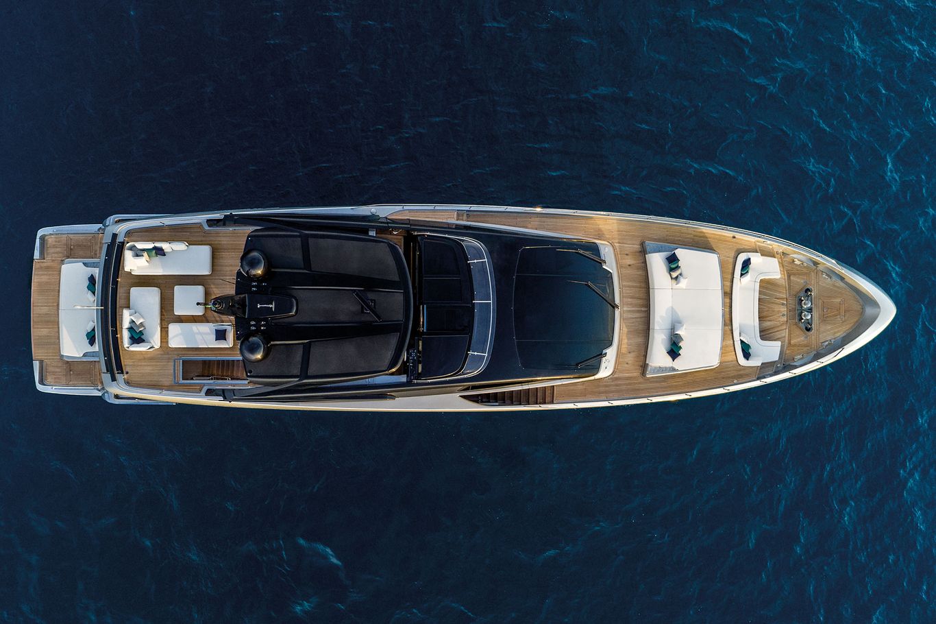 Birds-eye view of the Riva 102 Corsaro Super showing its sleek lines