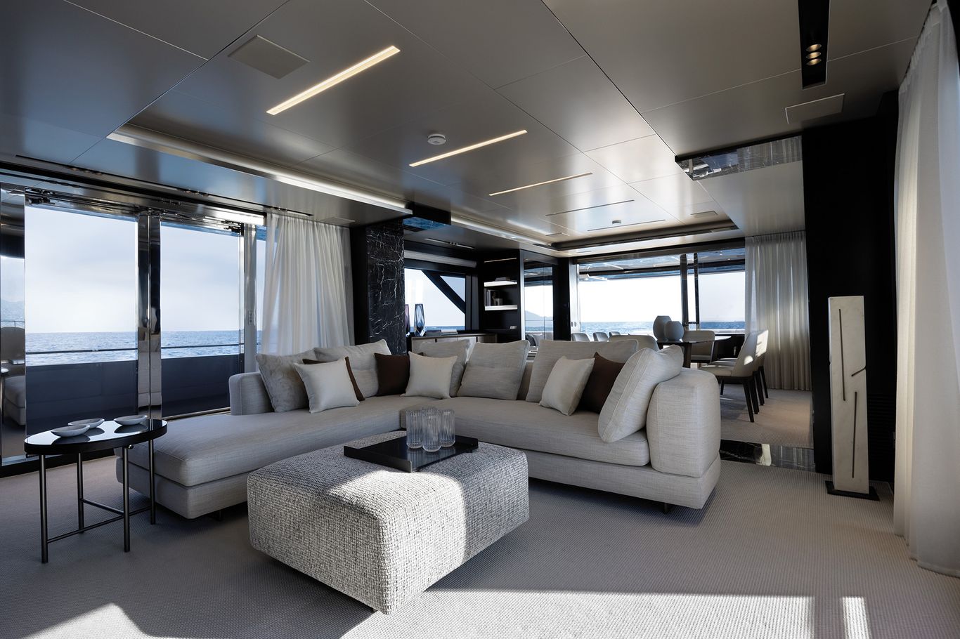 Main salon of the Riva 102 Corsaro Super designed for maximum comfort and elegance