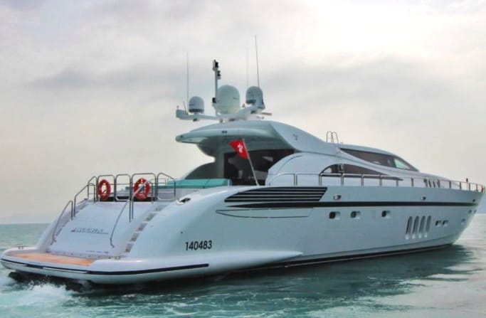 The Leopard 34 - A white yacht floating on the water under clear blue sky.