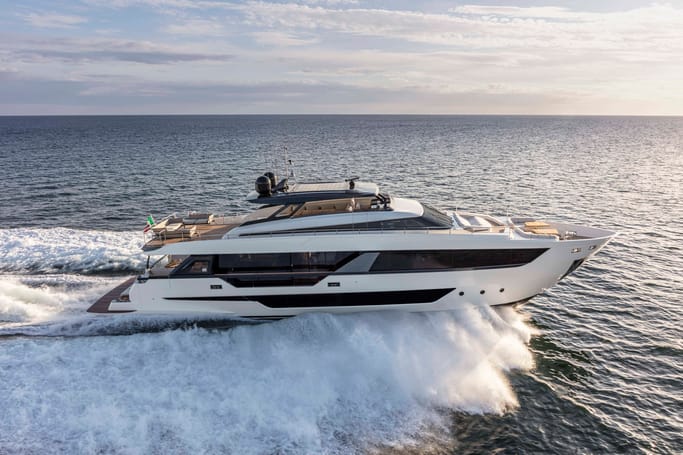 Ferretti Yachts 1000 moving swiftly through the waters, propelled by strong engines.
